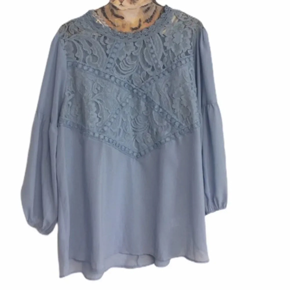 Andree Tops - Andree by Unit Lace Front Semi Sheer Top Blue 1X